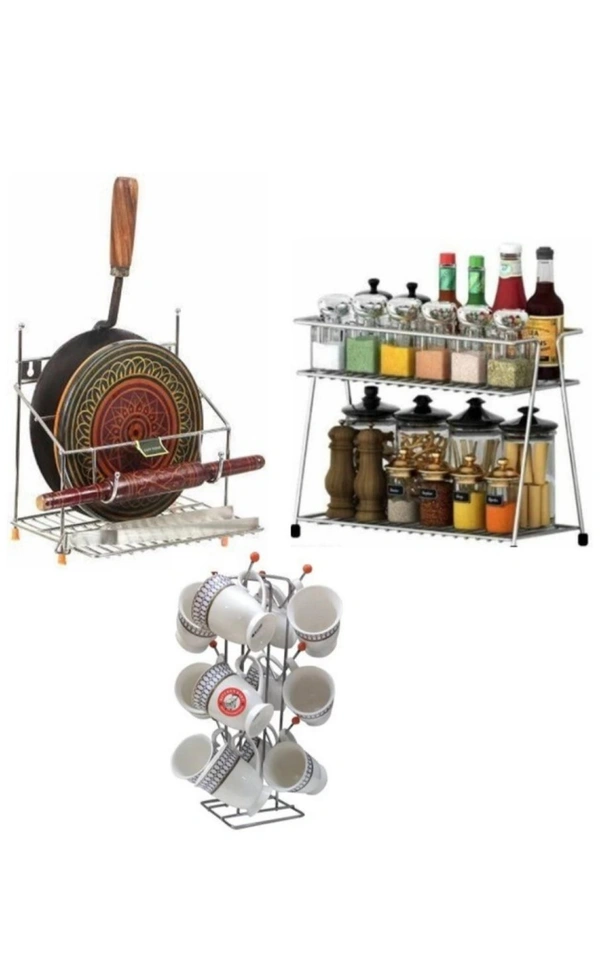Combo Pack Of Stainless Steel 4 In 1 Chakla Belan Stand + spice Rack + cup Stand