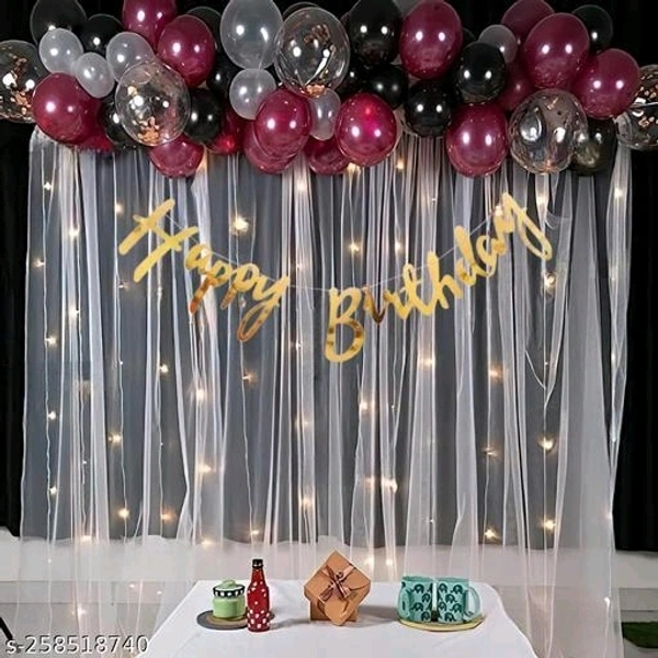 White Net Curtain Decoration With Burgandy Balloons Combo Set