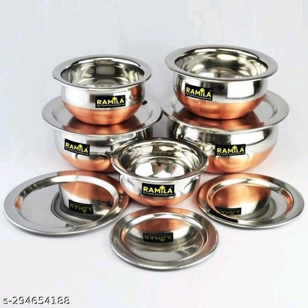 Stainless Steel Copper Base Serving Handi Set Of 5 Pcs(500ml, 800ml, 1000ml, 1200ml, 1500ml)