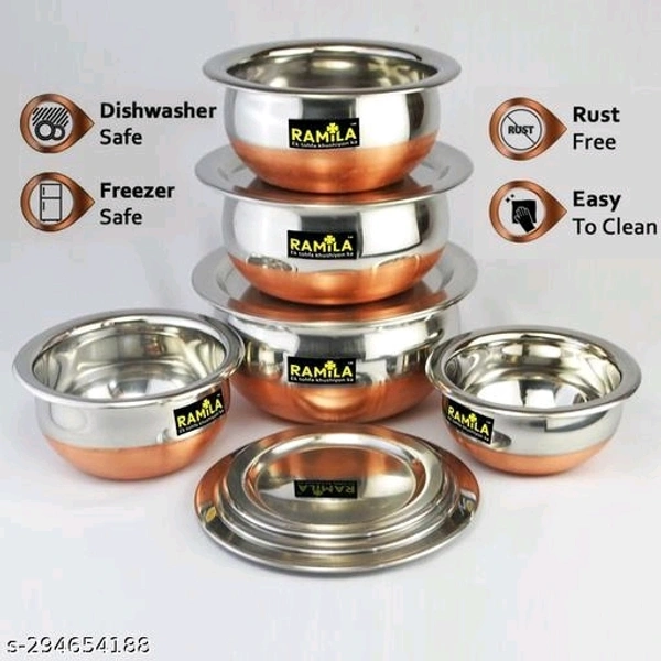 Stainless Steel Copper Base Serving Handi Set Of 5 Pcs(500ml, 800ml, 1000ml, 1200ml, 1500ml)