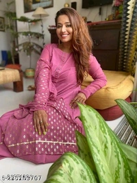 FAB GALAXY Pink French Rose Color Anarkali Kurti With Printed Dupatta Sets - S, Persian Pink