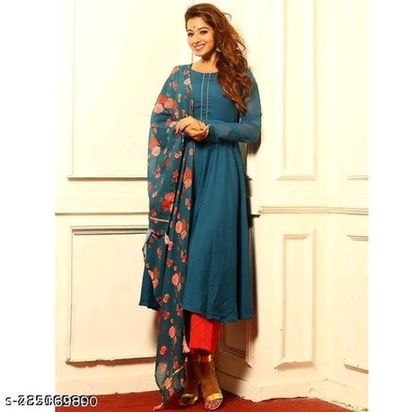 FAB GALAXY Pink French Rose Color Anarkali Kurti With Printed Dupatta Sets - S, Navy Blue