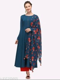 FAB GALAXY Pink French Rose Color Anarkali Kurti With Printed Dupatta Sets - L, Navy Blue
