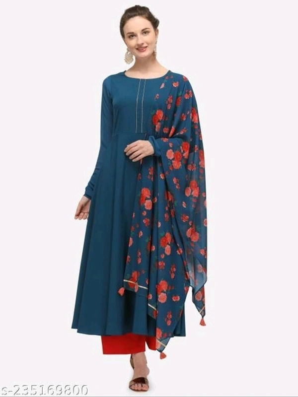 FAB GALAXY Pink French Rose Color Anarkali Kurti With Printed Dupatta Sets - L, Navy Blue