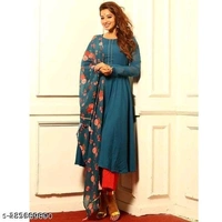 FAB GALAXY Pink French Rose Color Anarkali Kurti With Printed Dupatta Sets - XL, Navy Blue