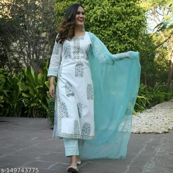 Women's Pure Cotton White Kurta Pant Set With Dupatta  - S