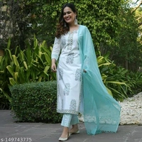 Women's Pure Cotton White Kurta Pant Set With Dupatta  - S