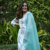 Women's Pure Cotton White Kurta Pant Set With Dupatta  - S