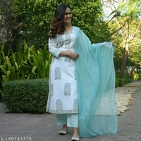 Women's Pure Cotton White Kurta Pant Set With Dupatta  - S