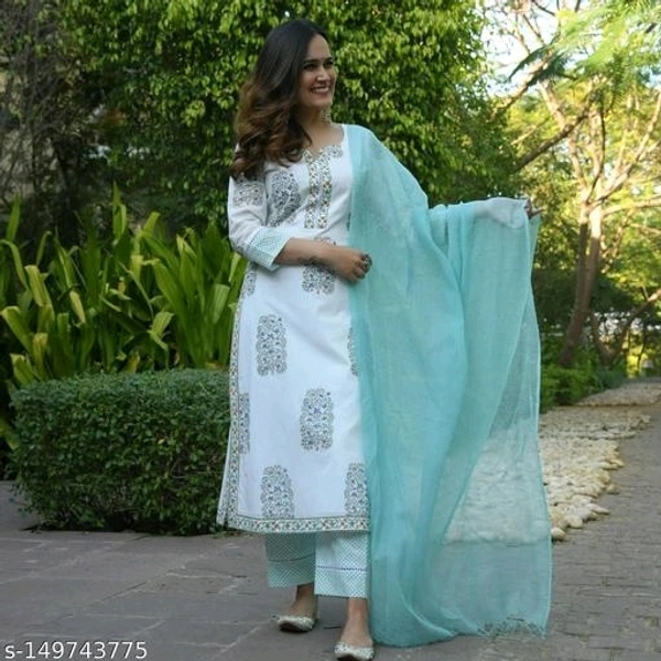 Women's Pure Cotton White Kurta Pant Set With Dupatta  - S
