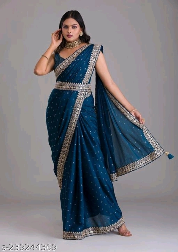 Peacock Blue ZariWork Chinon Desighner Saree