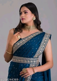 Peacock Blue ZariWork Chinon Desighner Saree
