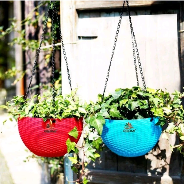 Shopglobal Premium Look Woven Design Hangging Basket Pots For Flower And Plants Container ( Pack Of 2 )