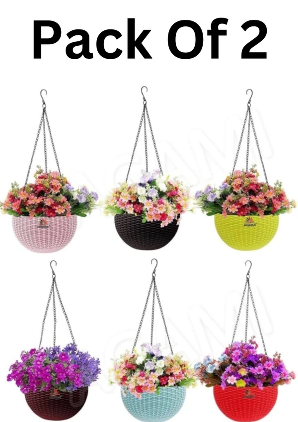 Shopglobal Premium Look Woven Design Hangging Basket Pots For Flower And Plants Container ( Pack Of 2 )