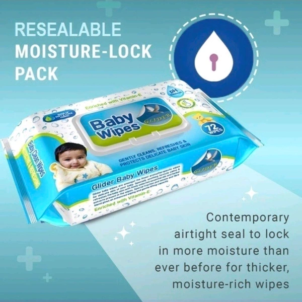 GLIDER Baby Wipes Moisture Lock Flip-Top Aloe Vera & Vitamin E|pH balanced ( Pack of 2 (144 Wipes)