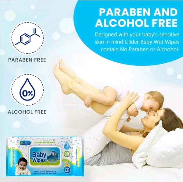 GLIDER Baby Wipes Moisture Lock Flip-Top Aloe Vera & Vitamin E|pH balanced ( Pack of 2 (144 Wipes)