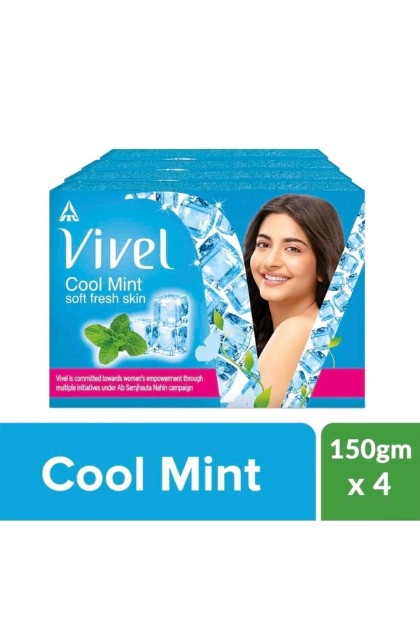 Vivel Cool Mint, Soft Fresh Skin Soap, 600g (150g - Pack of 4), Soap for Women & Men for Soft, Glowing & Moisurised Skin, All Skin Types