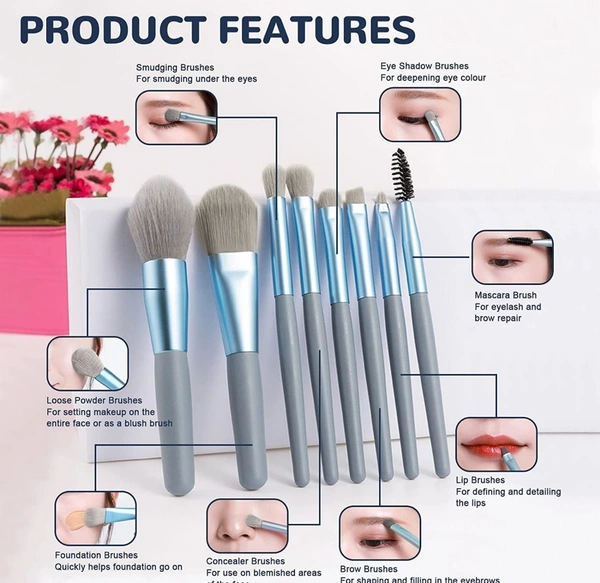 8 PCS Mini Makeup Brush Set with Case, Portable Foundation Brush Kit Travel, Premium Synthetic Bristles Cosmetic Brush Set for Powder Blending Blush Eyeshadow Lipstick (Mix Color 8 Pcs Set)