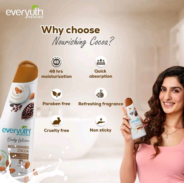 Everyuth Naturals Body Lotion Nourishing Cocoa| 48 hr Moisturization|Long-lasting|Quick Absorbing|for Men & Women|Pure Cocoa|100% Natural Almond Milk - 200ml