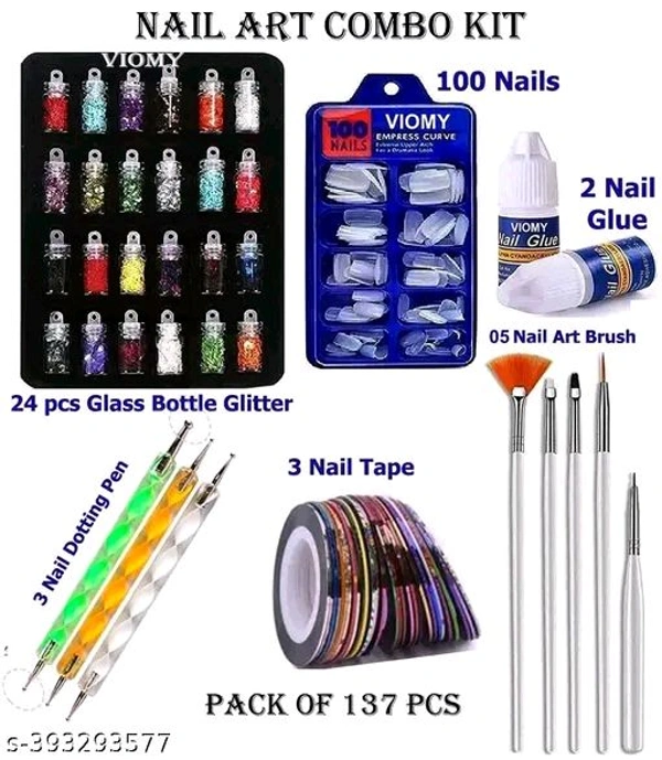 Viomy Complete Professional Nail Art Kit With 24 Pcs Glass Bottles Glitter, 100 Nails, 3 Nail Tapes, 05 Nail Art Brush, 03 Nail Dotting Pen With 2 Nail Glue (Nail Art Kit)