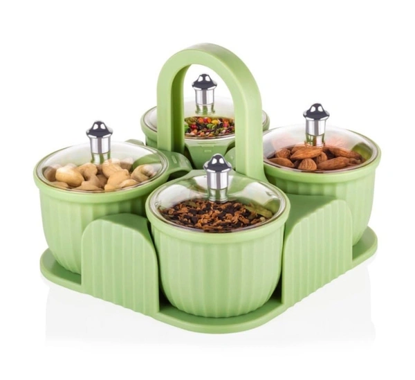 Multipurpose Jar Dryfruit Set, Candy, Chocolate, Snacks Storage Jar, Masala Jar for Home and Kitchen Airtight Dry Fruit Plastic Storage Container Tray Set With Lid & 4 Serving Jar Container for Sweets,Chips,Cookies|(4 Pc Set)