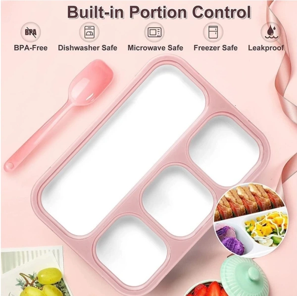 4 Compartment Lunch Box With Spoon For Adult's & Kids (Pack Of 1, 1000ml)