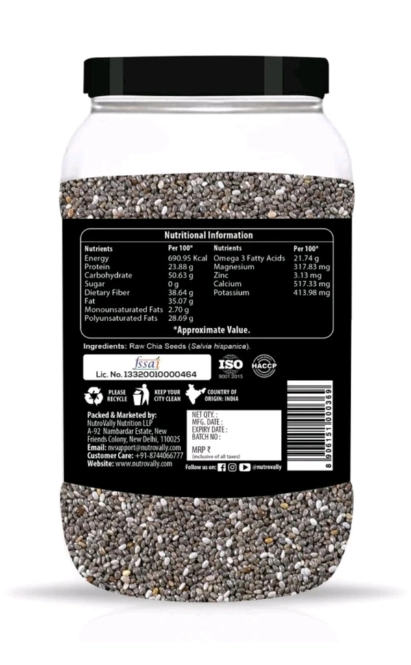 Nutrovally Raw Chia Seeds For Weight Loss With Omega 3, Calciam & Zinc, Fiber Chia Seeds ( 950g )