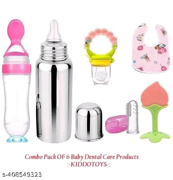 Baby Fruit Feeder Pacifier.Rattler (1 Pcs) with 1 PCS Silicone Food Dispensing Spoon 90ML and 1 pcs Fruit Teether 1pcs Finger Brush 1 pcs Baby bib 1 pcs Steel Bottle 240 ML (MULTICOLOUR)