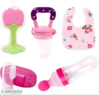 Baby Fruit Feeder Pacifier.Rattler (1 Pcs) with 1 PCS Silicone Food Dispensing Spoon 90ML and 1 pcs Fruit Teether 1pcs Finger Brush 1 pcs Baby bib 1 pcs Steel Bottle 240 ML (MULTICOLOUR)