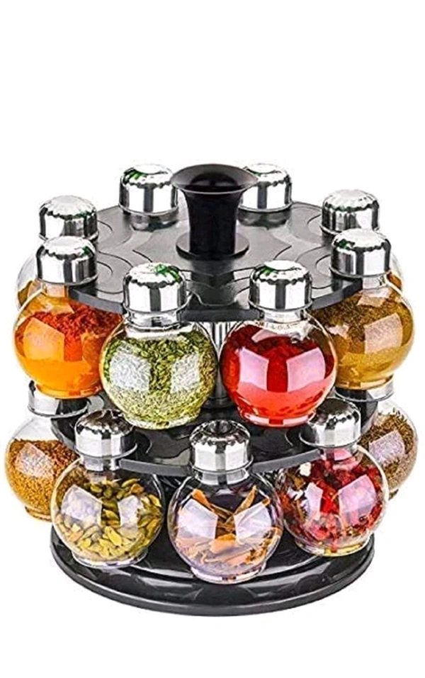 360 Degree Revolving Round Shape Transparent Pack of 16 Jar Spice Rack/Container