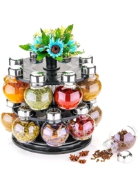 360 Degree Revolving Round Shape Transparent Pack of 16 Jar Spice Rack/Container