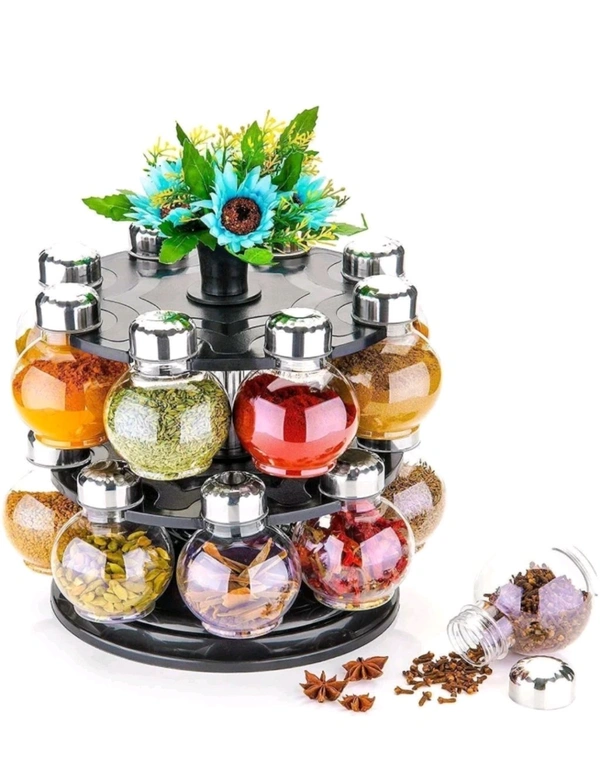 360 Degree Revolving Round Shape Transparent Pack of 16 Jar Spice Rack/Container