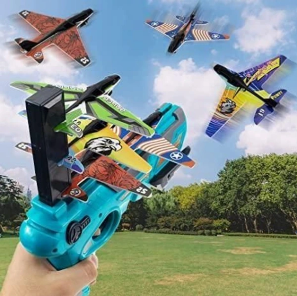 Airplane Launcher Toy Catapult aircrafts Gun with 4 Foam Aircraft  - Curious Blue