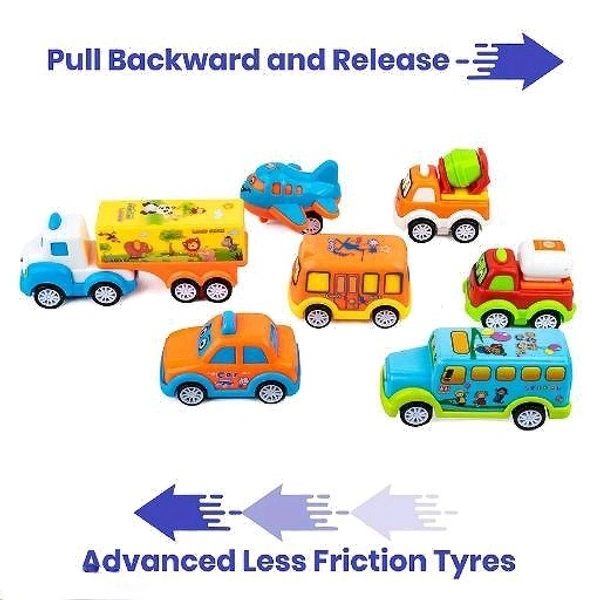 ADKD Friction Powered Pull Back Toy Vehicles Set of 7 - Multicolor