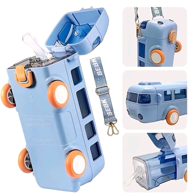 Bus Shape Car Water Bottle with Straw & Wheels for Kids - Portable Sipper Cup with Shoulder Strap - 500 ML, Yellow