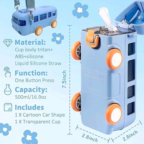 Bus Shape Car Water Bottle with Straw & Wheels for Kids - Portable Sipper Cup with Shoulder Strap - 500 ML, Yellow