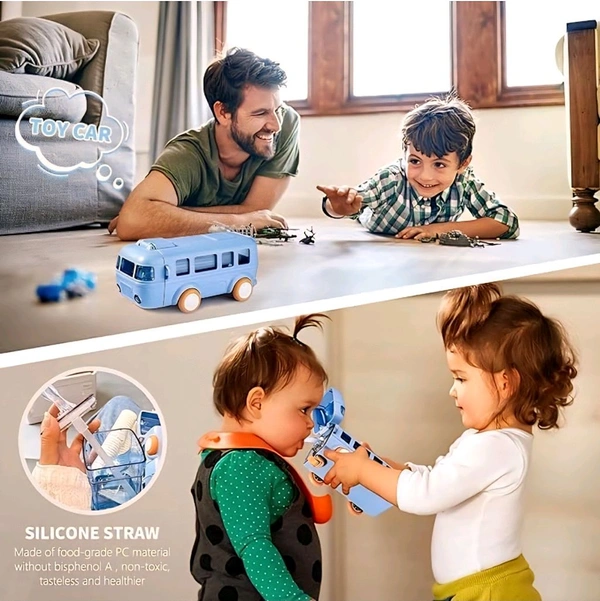 Bus Shape Car Water Bottle with Straw & Wheels for Kids - Portable Sipper Cup with Shoulder Strap - 500 ML, Yellow