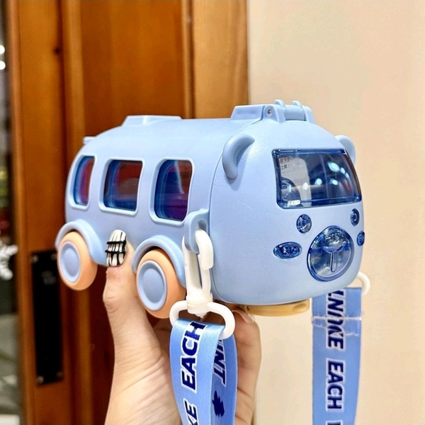 Cute Bus Shape Car Water Bottle with Straw & Wheels for Kids - Portable Sipper Cup with Shoulder Strap - 500 ML, Tickle Me Pink