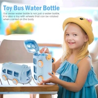 Cute Bus Shape Car Water Bottle with Straw & Wheels for Kids - Portable Sipper Cup with Shoulder Strap - 500 ML, Tickle Me Pink