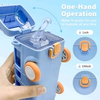 Cute Bus Shape Car Water Bottle with Straw & Wheels for Kids - Portable Sipper Cup with Shoulder Strap - 500 ML, Tickle Me Pink