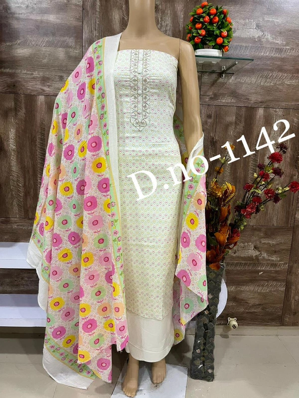 Cotton Print Net Handwork Patch Dupatta Chiffon Bottom Pure Cotton Print