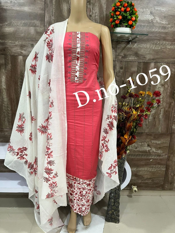 Cotton Print Net Handwork Patch Dupatta Chiffon Bottom Pure Cotton Print