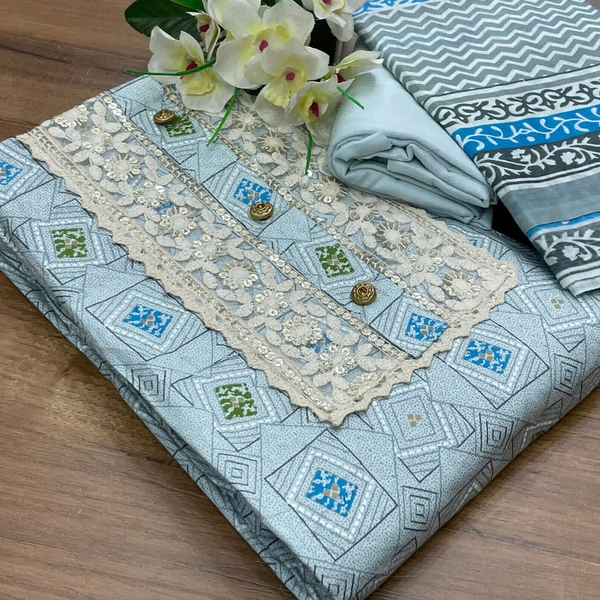 Cotton Print Net Handwork Patch Dupatta Cotton Bottom Pure Cotton Print