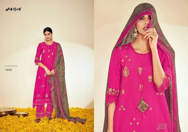 Jai Vijay Russian Silk Embroidery with Organza Embroidery Patti Fancy Latkan