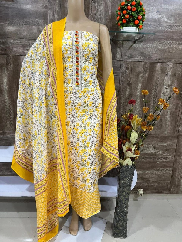 Cotton Print Net Handwork Patch Dupatta Cotton Bottom Pure Cotton Print