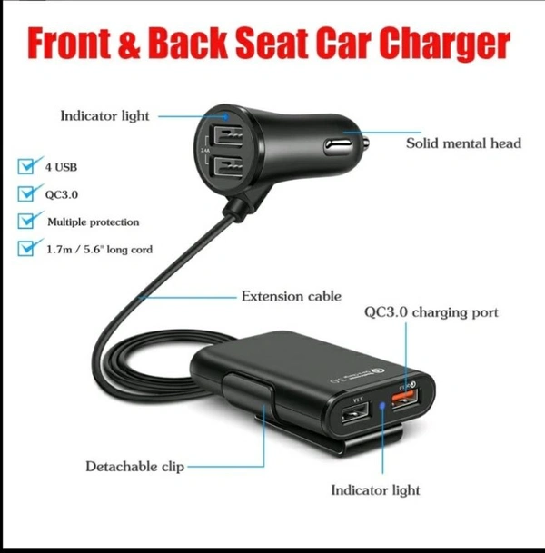 Front and Back Seat Car Charger 4 Usb Port Solid Metal head Qualcomm SuperFast 3.0 Amp COD AVAILABLE