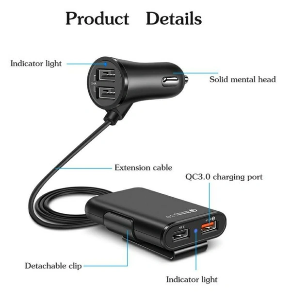 Front and Back Seat Car Charger 4 Usb Port Solid Metal head Qualcomm SuperFast 3.0 Amp COD AVAILABLE