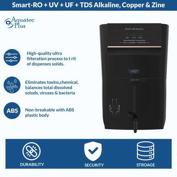 Smart - 12 L RO+UV+UF+TDS Control + Alkaline + Copper + Zinc Water Purifier (Black) Works up to 3500 TDS