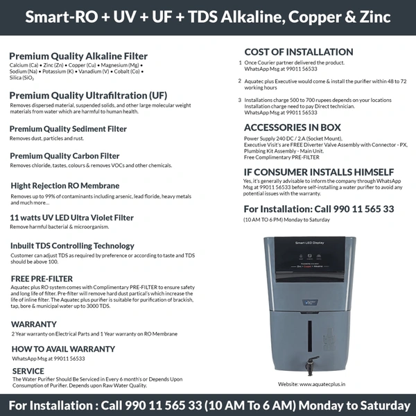 Smart - 12 L RO+UV+UF+TDS Control + Alkaline + Copper + Zinc Water Purifier (Grey) Works up to 3500 TDS