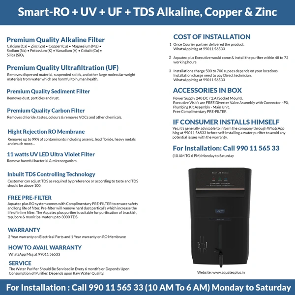 Smart - 12 L RO+UV+UF+TDS Control + Alkaline + Copper + Zinc Water Purifier (Black) Works up to 3500 TDS